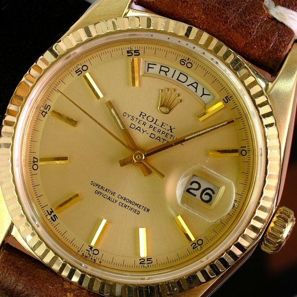 Rolex Day-date 1803 Factory Champagne Dial 18k Yellow Gold Men"s Leather Band - Picture 1 of 9